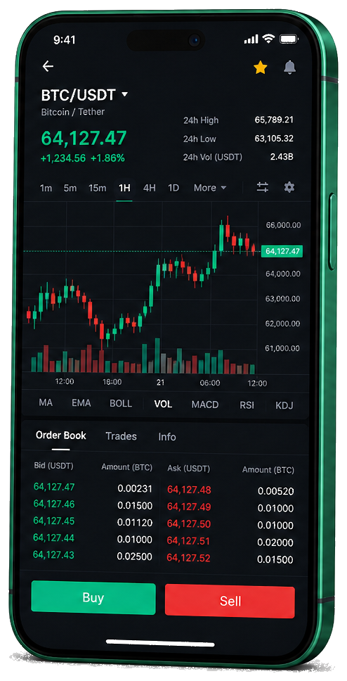 Interface mobile de trading Brevuno Xalique — cours BTC/USDT en temps réel, carnet d’ordres et outils de suivi des opérations